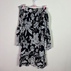 Westport Womens Navy and White Floral Off the  Shoulders Lace Dress Small